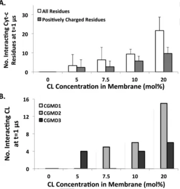 Fig. 8. Number of cyt-c residue interacting with membrane and number of CL interact- interact-ing with cyt-c enhance by increasinteract-ing CL concentration in the membrane, indicatinteract-ing higher affinity of cyt-c to interact with CL-rich membranes