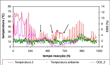 Figura  2.9  -  Evolução  da  temperatura  e  teor  de  CO 2   ao  longo  do  ensaio  com  biomassa,  para  o  compostor com arejamento forçado