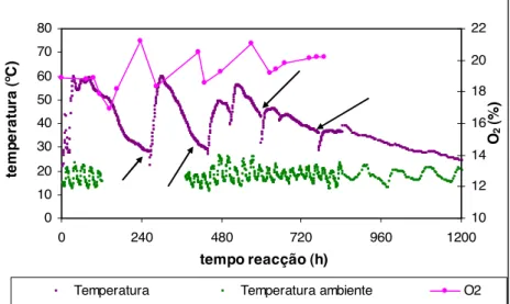 Figura  2.10  -  Evolução  da  temperatura  e  teor  de  O 2   ao  longo  do  ensaio  sem  biomassa,  para  o  compostor com arejamento passivo