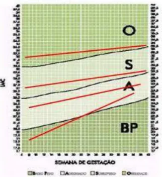Figura 1  - Avaliação nutricional da grávida segundo o IMC por idade gestacional. BP: baixo  peso; A: peso adequado; S: sobrepeso / pré-obesidade; O: obesidade  
