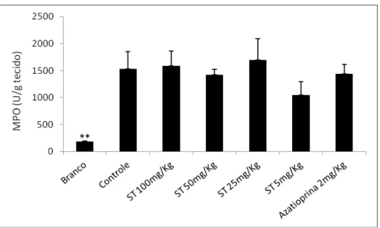 Figura 6: Avaliação da atividade da enzima mieloperoxidade (MPO) em animais submetidos ao  modelo experimental de colite aguda induzida por TNBS