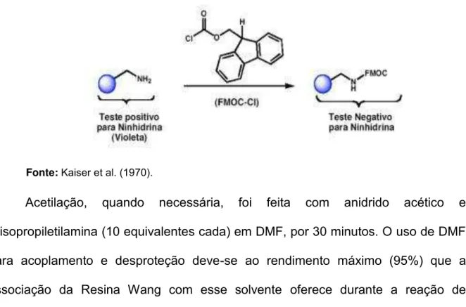 Figura 4.  Teste de ninidrina demonstrando coloração da reação na presença de grupos aminas livres  ou protegidas com o grupamento Fmoc