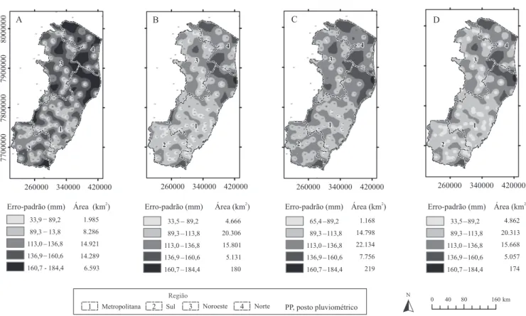 Figura 4. Mapas de erro-padrão da predição de precipitação anual (mm), obtidos por krigagem (A), cokrigagem com altitude  (B), distância do mar (C) e altitude e distância do mar (D).