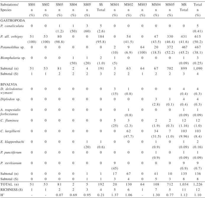Table II. Number of specimens (n), frequency (%) of the species, richness (S) and diversity (H’) of the molluscan life assemblages found in substations of the straight (SS) and meandering (MS) sectors of the middle course of the Touro Passo River, Uruguaia