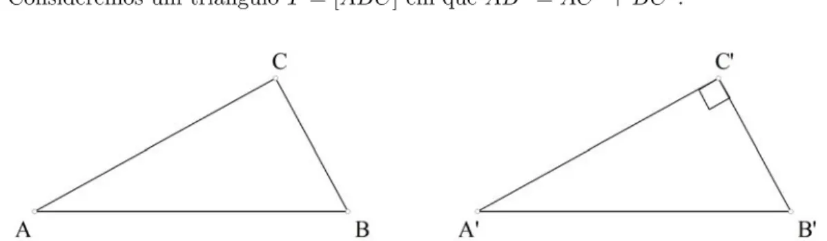 Figura 9: Triˆ angulo T = [ABC] que verifica a rela¸ c˜ ao de Pit´ agoras e triˆ angulo rectˆ angulo T 0 = [A 0 B 0 C 0 ] cujos catetos tˆ em as mesmas medidas dos catetos do triˆ angulo T .
