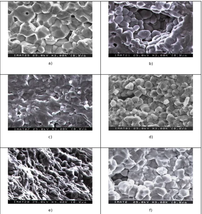 Figura 3.1 SEM por fractura de superfície das cerâmicas sinterizadas com o respectivo tempo e  temperatura de sinterização: 