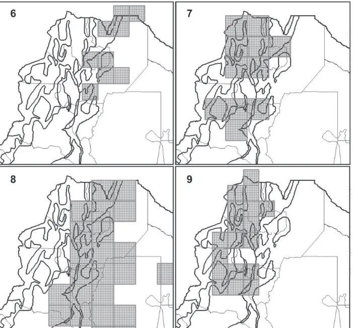 Figs 6-9. Fig. 6, a case of GP5, North-eastern Andean Slopes and Lowlands PDC recovered through the analysis of TSM database, with a grid of cells  of 0.75°x0.75° and without filling values