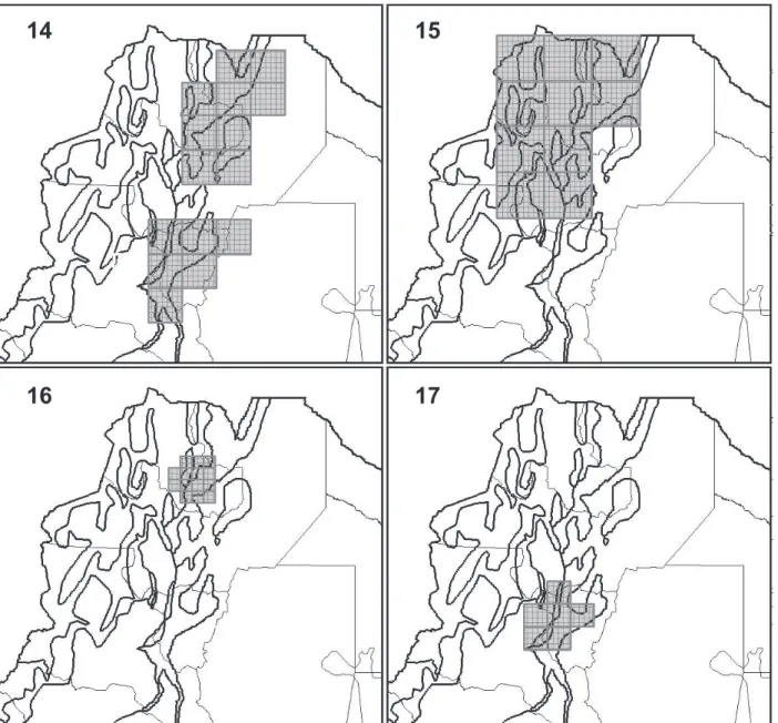 Figs 14-17. Fig. 14, a case of GP10, Eastern Andean Slopes merged with Western Andean Biomes (E-W) PDC recovered through the analysis of  SM and Ch databases, with a grid of cells of 0.75°x0.75° and without filling values