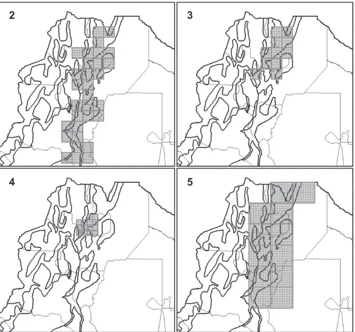 Figs 2-5. Fig. 2, a case of GP1, Widespread Eastern Andean Slopes PDC recovered through the analysis of SM database and with a grid of cells  of 0.5°x0.5° and filling values of 0 for assumed presences and 20 for inferred presences