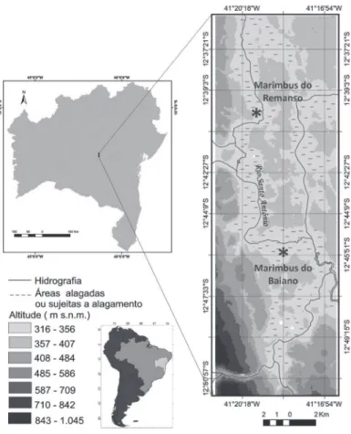 Figure 1. Localization of Pantanal dos Marimbus and the two sampled areas, Bahia State, Brazil (modified from França  et al 