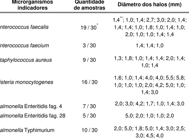 Tabela 5 –  Diâmetro dos halos das amostras de Lactobacillus reuteri produtoras  de bacteriocinas