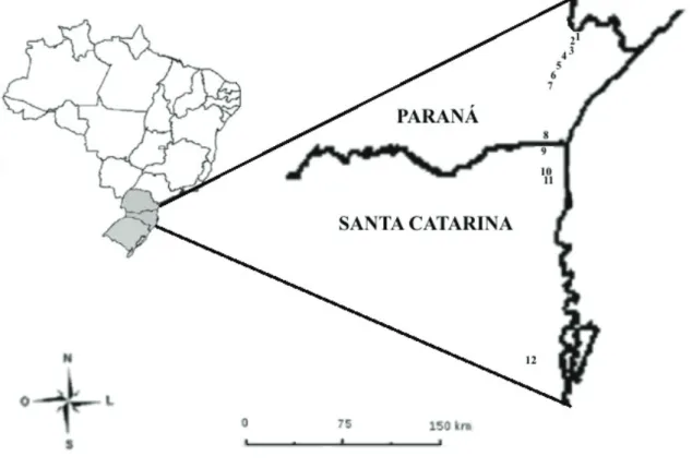 Figure 1: Location of the mountains studied in Serra do Mar. State of Paraná: 1. Serra Virgem Maria; 2