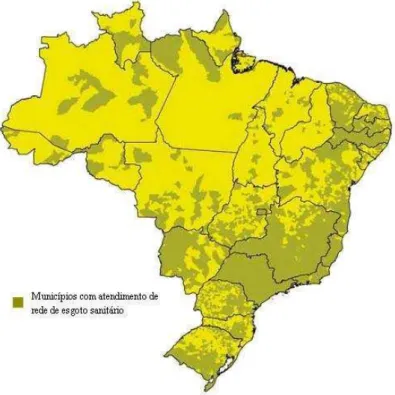 Figura 3.1. Municípios com serviço de rede coletora de esgoto  – Brasil.  Fonte: Adaptado de Pesquisa Nacional de Saneamento Básico, IBGE (2008)
