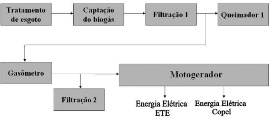 Figura 3.5. Fluxograma do sistema de aproveitamento energético da ETE Ouro Verde.  Fonte: Adaptado de Carneiro (2010)