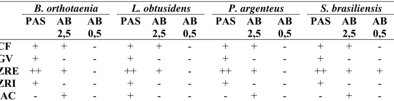 Tabela II: Reatividade das estruturas ovocitárias à histoquímica de carboidratos em quatro  espécies de peixes de interesse comercial da bacia do rio São Francisco