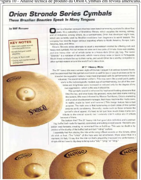 Figura 10 - Análise técnica de produto da Orion Cymbals em revista americana. 