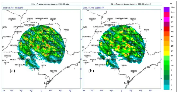 Figura 10 - RP diária, para 23:58:49 UTC de 2 de janeiro de 2011,  com resolução  espacial de (a) 0,75 km x 0,75 km (interpolação bilinear original do TITAN) e (b)  resolução espacial do modelo ETA de 10 km x 10 km (interpolação utilizando média  aritmétic