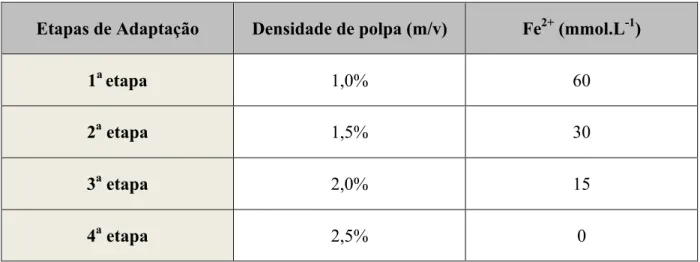 Tabela 2 - Ensaio de adaptação e suas respectivas densidades de polpa de calcopirita.  Etapas de Adaptação  Densidade de polpa (m/v)  Fe 2+  (mmol.L -1 ) 