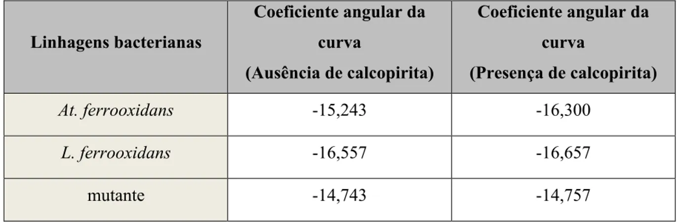 Tabela  5  -  Coeficientes  angulares  referentes  a  linearização  das  curvas  de  oxidação  de  íons  ferrosos na presença e ausência do mineral 