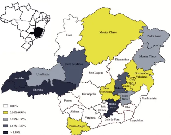 Fig. 2: spatial distribution of hepatitis C virus seroprevalence in blood samples of newborns in the 26 macro-regions of Minas Gerais, Brazil, 2002.