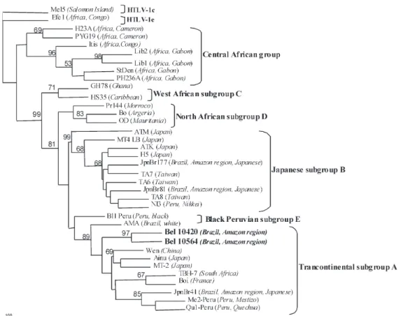 Fig. 1: rooted phylogenetic tree, showing the evolutionary relationship of human T-cell lymphotropic virus 1 strains described thus far including newly sequenced isolates from the present study (Bel-10420 and Bel-10564)