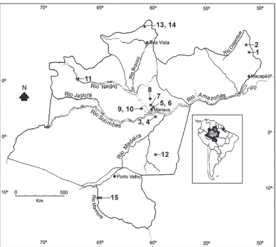 Fig. 1: map of the Brazilian Amazon region, showing collection sites of Simulium quadrifidum and Simulium  cauchense (Diptera:
