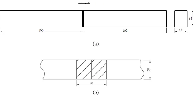 Figura 4.1 (a) Dimensões dos provetes usados nos ensaios de tração em juntas coladas de topo a topo; (b)  zona de interesse (ZOI) para a medição do campo dos deslocamentos por correlação digital de imagem