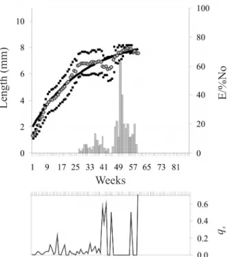 Figure 1. Theoretical length growth curve of  Stenophysa marmorata Guilding, 1828 (black line); mean observed length by week (circles); mean observed length ± SD (dots); number of eggs laid by the survivors proportion of the initial number of snails (E/