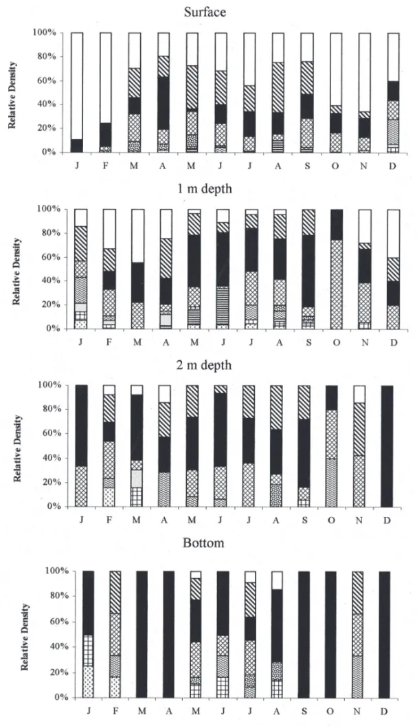 Figure 8. Temporal and spatial variation of relative density of Cryptophyceae species based on population density at the Ninféias Pond  during the study period (   = C