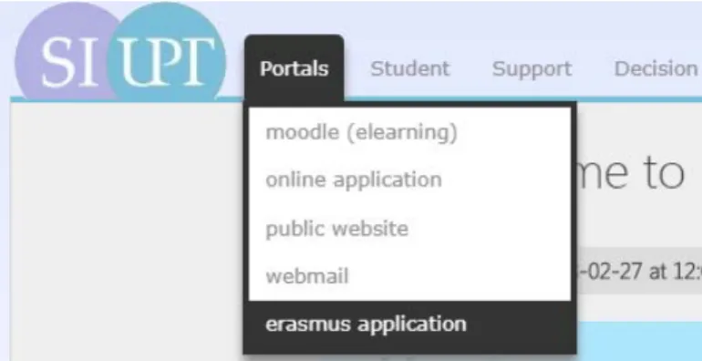 Figure 2. The SIUPT system main menu – access to ErasmusOnlineLAapp 