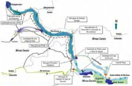 Figura 1 - Área de influência da  Usina Hidrelétrica Eliezer Batista incluindo os  municípios de Resplendor, Itueta, Aimorés e Baixo Guandu e o Rio Manhuaçú, principal  afluente a jusante do Rio Doce