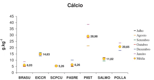 Figura 09 Concentrações de cálcio determinados na macrófitas aquáticas mais  freqüentes no reservatório de Aimorés, no período de julho de 2009 a janeiro de 2010