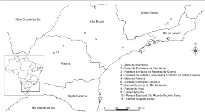 Figure 1. Location of the Mata do Krambeck and the other 10 areas used in multivariate analyses.