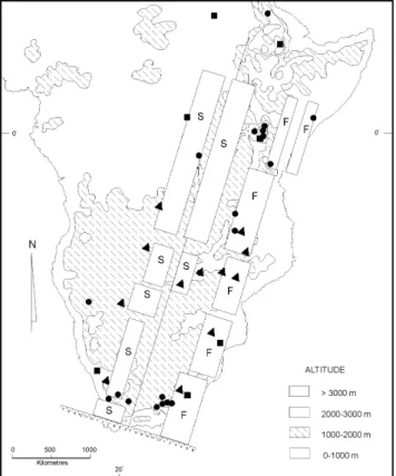 Figure 3 - Relief map of eastern Africa indicating areas (circles) of signifi- signifi-cantly high values of morphometric variance within the Apis mellifera scutellata populations