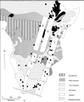 Figure 5 - Map of regions of high morphometric variance in relation to the major zones of vegetation (biomes) in eastern Africa