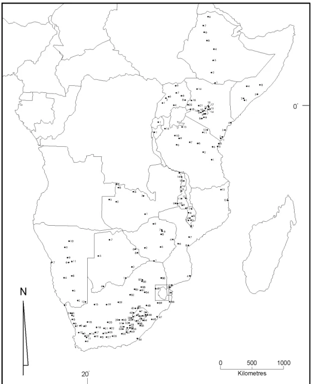 Figure 1 - Map of eastern Africa indicating the localities at which worker honeybees were collected for analysis in our study