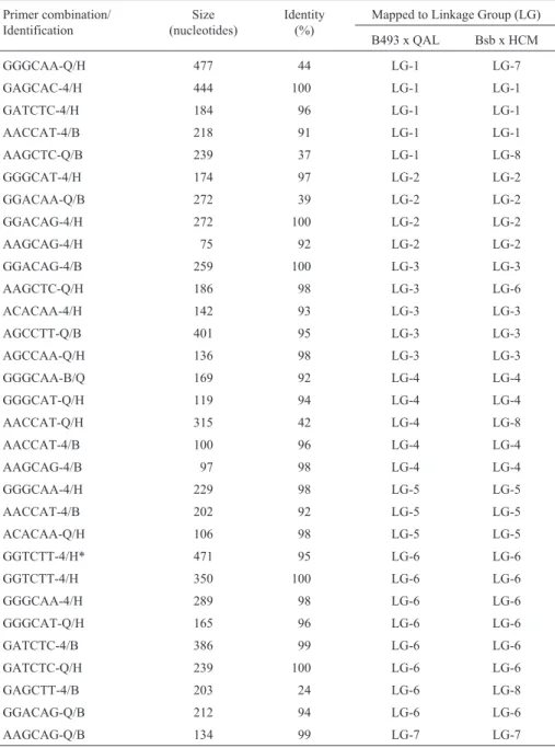 Table I - Identification, size, identity and linkage group designation of sequenced AFLP fragments from unrelated carrot populations, which were amplified with the same primer combination and shared the same position in polyacrylamide gels