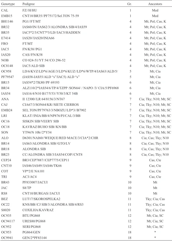 Table IV - Pedigrees and groups of hexaploid wheat genotypes evaluated.