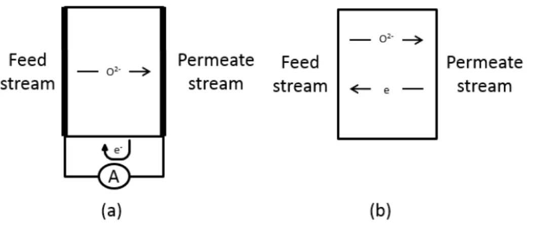 Figure 3 - Membrane processes for oxygen separation: (a) solid electrolyte cell (oxygen pump)  and (b) mixed ion-electronic conducting membranes [3,5] 