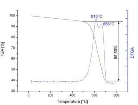 Figure 3.17 – TGA (in black) and DTGA (in blue) curves of CNTs/CNFs synthesized on silica fume based  catalyst with 2.5 % iron addition 