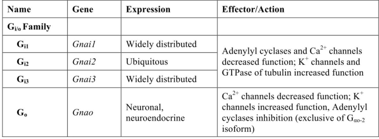 Table  2  -  G α   subunits  genes,  expression  patterns  and  known  effectors.  Adapted  from  Offermanns,  2003; Milligan and Kostenis, 2006