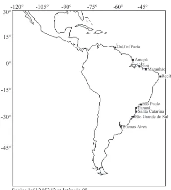 Figure 1 - Collection locations for Macrodon ancylodon of the western Atlantic ocean.