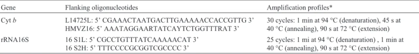 Table 2 shows that 29 different cytochrome b se- se-quences were obtained from 53 M. ancylodon specimens, 766 of the 810 aligned sites being constant, 44 variable and 33 phylogenetically informative for parsimony