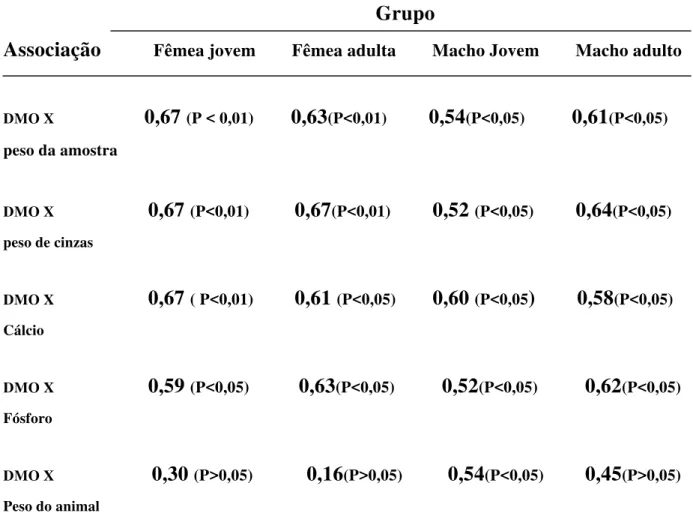 Tabela 11  -  Medidas de associação entre  DMO  e as variáveis: peso da  amostra, peso das cinzas, massa de cálcio e massa de fósforo e peso do  animal