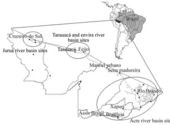 Figure 1 - Map of the state of Acre, Southwestern Amazonia, Brazil, showing the sites where the Pimenta longa genotypes were collected (Map data source: Zoneamento Econômico-Ecológico, Acre State  Gov-ernment, 1999).
