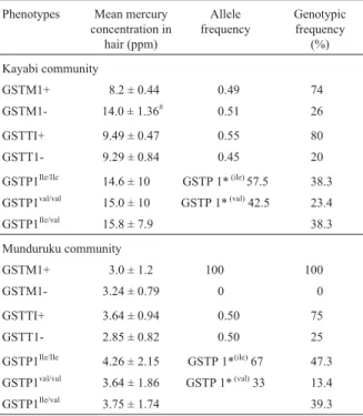 Table 3 - Phenotypes of GST families with its respective allelic and genotypic frequencies and levels of Hg in the Kayabi and Munduruks communities.