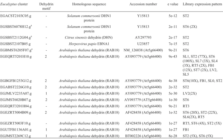 Table 7 - Eucalyptus ESTs encoding GRPs with similarity to dehydrin.
