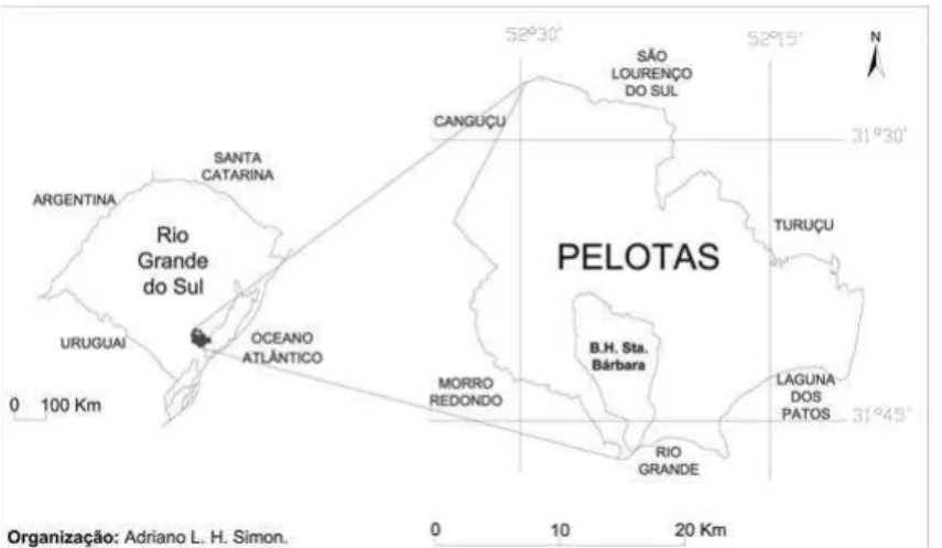 Figura  1.  Localização  do  município  de  Pelotas  no  Estado  do  Rio  Grande  do  Sul  e situação da bacia do Arroio Santa Bárbara no Município de Pelotas.