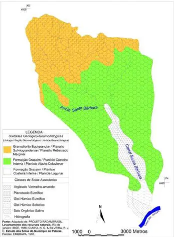 Figura  2.  Representação  das  unidades  geológico-geomorfológicas  e classes de solos associadas na bacia do Arroio Santa Bárbara.