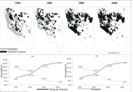 Figura  6.  Dinâmica  das  terras  agrícolas  e  áreas  de  pastagem  na  bacia  do  Arroio Santa Bárbara (1953-2006).